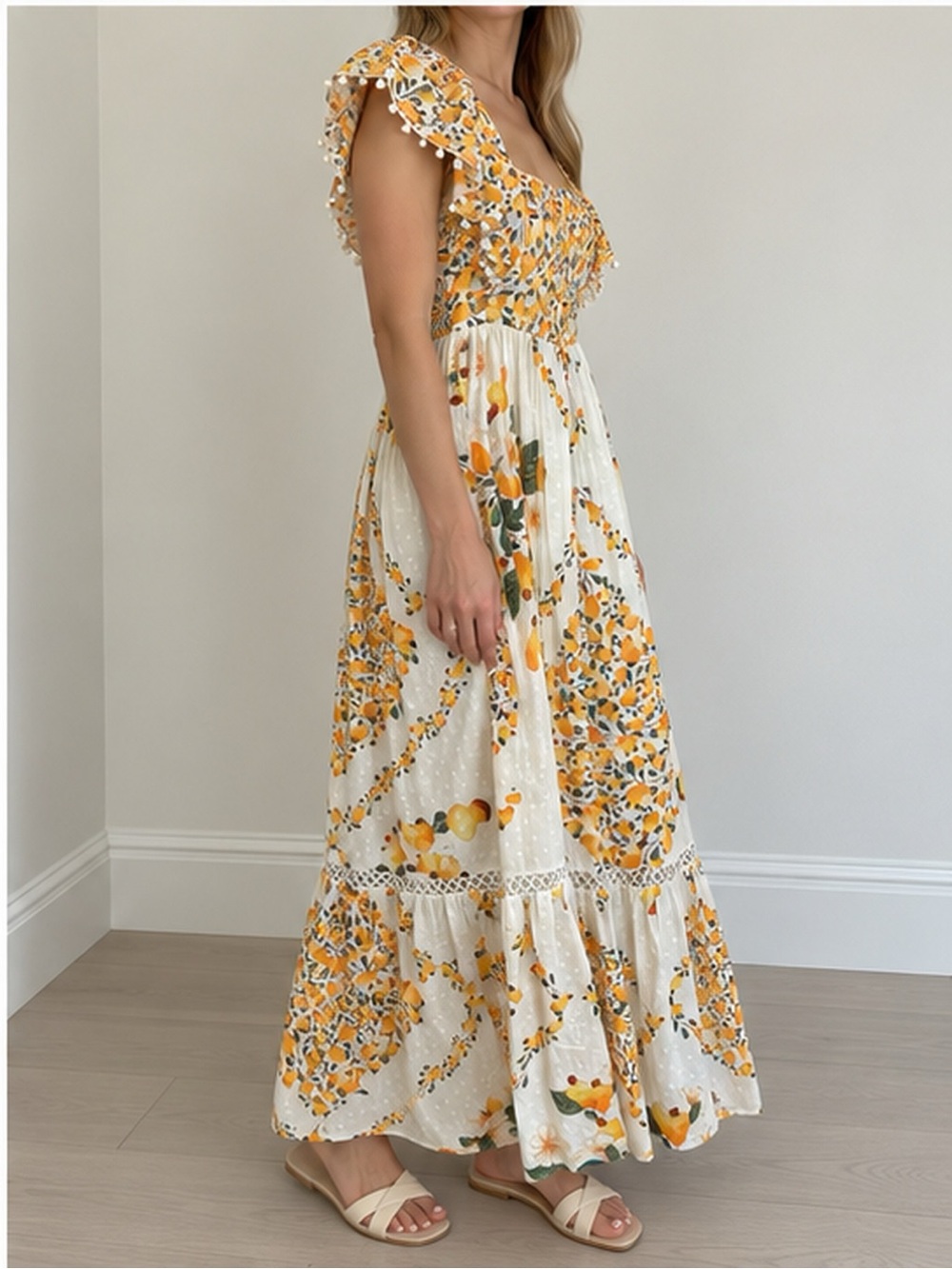 FARM Rio Cashew Ruffle Crossback Maxi Dress White Orange Floral S - Picture 12 of 16
